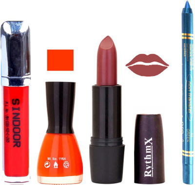 Rythmx Gajri Lipstick Orange Shade Nail Polish Sindoor and Non Pro Transfer Turquoise Blue Kajal Combo kit 9909(Set of 4)
Rythmx Gajri Lipstick Orange Shade Nail Polish Sindoor and Non Pro Transfer Turquoise Blue Kajal Combo kit 9909(Set of 4)