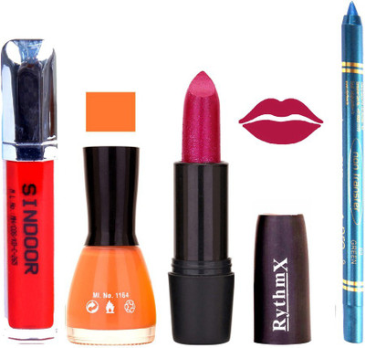 Rythmx Shimmer Mazanta Lipstick Peach Shade Nail Polish Sindoor and Non Pro Transfer Turquoise Blue Kajal Combo kit 9958(Set of 4)
Rythmx Shimmer Mazanta Lipstick Peach Shade Nail Polish Sindoor and Non Pro Transfer Turquoise Blue Kajal Combo kit 9958(Set of 4)