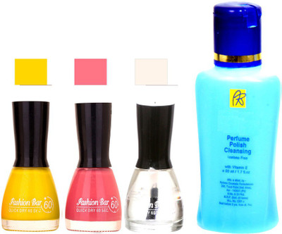 Fashion Bar Stengthening Nail Polish Remover And Yellow,Pink,Top Shades Nail Polish 52438(Set of 4)
Fashion Bar Stengthening Nail Polish Remover And Yellow,Pink,Top Shades Nail Polish 52438(Set of 4)