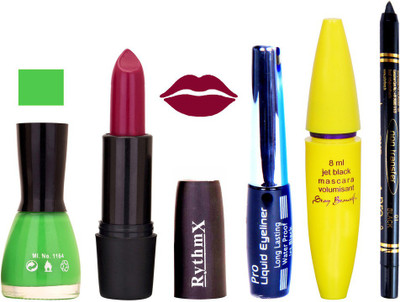 Rythmx MAznata Mauve Lipstick Parrot Green Nail Polish With Black EyeLiner Zed Black Kajal and Volumisant Express MasCara KK(Set of 5)