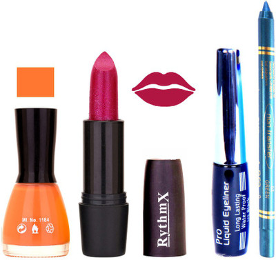 Rythmx Peach Nail Polish Mazanta Lipstick With Eyeliner and Pro Non Transfer Blue Kajal 580146(Set of 4)
Rythmx Peach Nail Polish Mazanta Lipstick With Eyeliner and Pro Non Transfer Blue Kajal 580146(Set of 4)