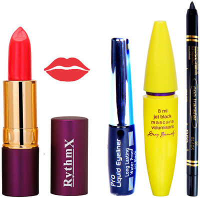 Rythmx Lipstick ,Black Eyeliner,Kajal, Jet Mascara Makeup Combo Pack(Set of 4)