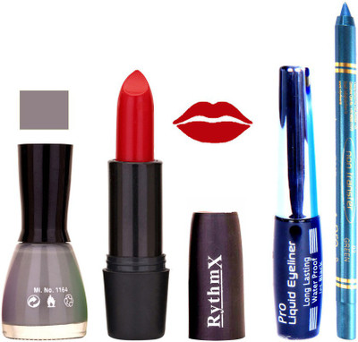 Rythmx Grey Nail Polish Red Lipstick With Eyeliner and Pro Non Transfer Blue Kajal 580141(Set of 4)
Rythmx Grey Nail Polish Red Lipstick With Eyeliner and Pro Non Transfer Blue Kajal 580141(Set of 4)