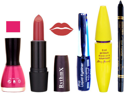 Rythmx Gajri Shades Lipstick Voilet Purple Nail Polish With Black EyeLiner Zed Black Kajal and Volumisant Express MasCara R(Set of 5)
Rythmx Gajri Shades Lipstick Voilet Purple Nail Polish With Black EyeLiner Zed Black Kajal and Volumisant Express MasCara R(Set of 5)