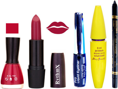 Rythmx Rose Mauve Lipstick Deeply Pink Nail Polish With Black EyeLiner Zed Black Kajal and Volumisant Express MasCara X(Set of 5)
Rythmx Rose Mauve Lipstick Deeply Pink Nail Polish With Black EyeLiner Zed Black Kajal and Volumisant Express MasCara X(Set of 5)