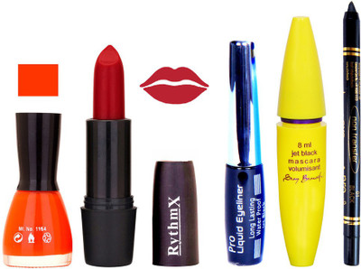 Rythmx Rose Red Lipstick Orange Nail Polish With Black EyeLiner Zed Black Kajal and Volumisant Express MasCara F(Set of 5)
Rythmx Rose Red Lipstick Orange Nail Polish With Black EyeLiner Zed Black Kajal and Volumisant Express MasCara F(Set of 5)