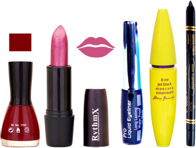 Rythmx Shimmer Pink Lipstick Maroon Nail Polish With Black EyeLiner Zed Black Kajal and Volumisant Express MasCara P(Set of 5)
Rythmx Shimmer Pink Lipstick Maroon Nail Polish With Black EyeLiner Zed Black Kajal and Volumisant Express MasCara P(Set of 5)