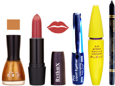 Rythmx Browny Red Lipstick Glitter Gold Nail Polish With Black EyeLiner Zed Black Kajal and Volumisant Express MasCara UV(Set of 5)
Rythmx Browny Red Lipstick Glitter Gold Nail Polish With Black EyeLiner Zed Black Kajal and Volumisant Express MasCara UV(Set of 5)