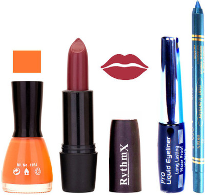 Rythmx Peach Nail Polish Rose Mauve Lipstick With Eyeliner and Pro Non Transfer Blue Kajal 580118(Set of 4)
Rythmx Peach Nail Polish Rose Mauve Lipstick With Eyeliner and Pro Non Transfer Blue Kajal 580118(Set of 4)
