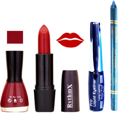 Rythmx Maroon Nail Polish Red Lipstick With Eyeliner and Pro Non Transfer Blue Kajal 580102(Set of 4)
Rythmx Maroon Nail Polish Red Lipstick With Eyeliner and Pro Non Transfer Blue Kajal 580102(Set of 4)