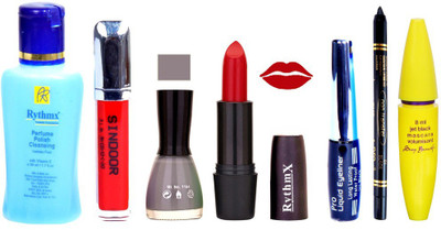 Rythmx Red Lipstick Grey Nail Polish Remover Eye Liner Sindoor Pro Non Transfer Black Kajal Maskara Combo Kit 2855(Set of 7)