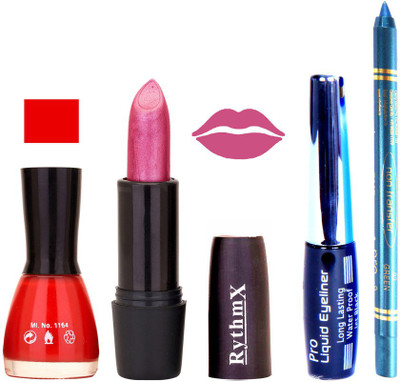 Rythmx Glowing Red Nail Polish Shimmer Pinkish Purple Lipstick With Eyeliner and Pro Non Transfer Blue Kajal 580120(Set of 4)
Rythmx Glowing Red Nail Polish Shimmer Pinkish Purple Lipstick With Eyeliner and Pro Non Transfer Blue Kajal 580120(Set of 4)