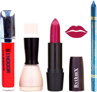 Rythmx Shimmer Mazanta Lipstick White Shade Nail Polish Sindoor and Non Pro Transfer Turquoise Blue Kajal Combo kit 9899(Set of 4)