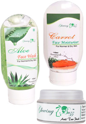 Glowing Buzz Combo of 1 Aloe Face Wash, 1 Carrot Moisturiser and 1 Natural Anti tan Pack for normal to dry skin(Set of 3)
Glowing Buzz Combo of 1 Aloe Face Wash, 1 Carrot Moisturiser and 1 Natural Anti tan Pack for normal to dry skin(Set of 3)