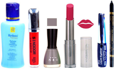 Rythmx Lipstick And Nail Polish + Eyliner + Sindoor + Remover + Kajal Makeup Combo Pack(Set of 6)