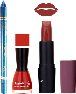 Fashion Bar Nail Polish , otg Lipstick , Turquoise Blue Kajal Combo69(Set of 3)