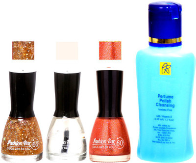 Fashion Bar Stengthening Nail Polish Remover And Glitter Gold,Top,G.Orange Shades Nail Polish 52436(Set of 4)
Fashion Bar Stengthening Nail Polish Remover And Glitter Gold,Top,G.Orange Shades Nail Polish 52436(Set of 4)