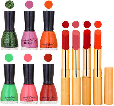 Aroma Care Candi Bottle Nail Polish Combo with Rytm Popular Lipstick Combo Set-2(Set of 10)
