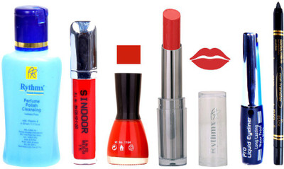 Rythmx Lipstick And Nail Polish + Eyliner + Sindoor + Remover + Kajal Makeup Combo Pack(Set of 6)
