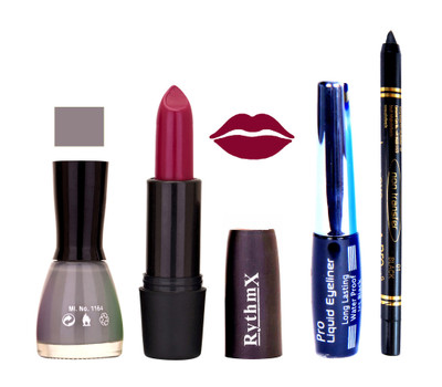 Rythmx Grey Nail Polish Mazanta Mauve Lipstick With Eyeliner and Pro Non Transfer Black Kajal 68115(Set of 4)
Rythmx Grey Nail Polish Mazanta Mauve Lipstick With Eyeliner and Pro Non Transfer Black Kajal 68115(Set of 4)