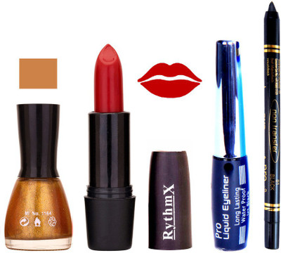 Rythmx Glitter gold Nail Polish RedLipstick With Eyeliner and Pro Non Transfer Black Kajal 68111(Set of 4)
Rythmx Glitter gold Nail Polish RedLipstick With Eyeliner and Pro Non Transfer Black Kajal 68111(Set of 4)