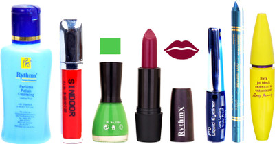 Rythmx Mauve Lipstick Parrot Green Nail Polish Remover Eye Liner Sindoor Pro Non Transfer Turquoise Blue Kajal Maskara Color Bomb Kit 1857(Set of 7)
Rythmx Mauve Lipstick Parrot Green Nail Polish Remover Eye Liner Sindoor Pro Non Transfer Turquoise Blue Kajal Maskara Color Bomb Kit 1857(Set of 7)