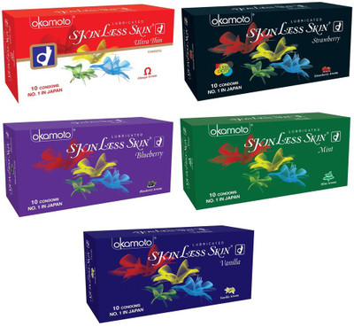 Okamoto Skinless Skin - Ultra Thin, Strawberry 1350 Dots, Blueberry, Mint and Vanilla Dotted Condom(Set of 5, 50S)