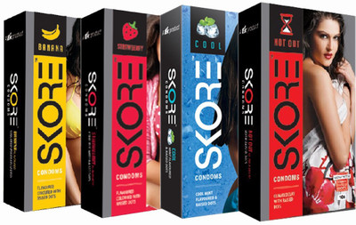 Skore Banana, Strawberry, Cool & Notout Condom(Set of 4, 40S)