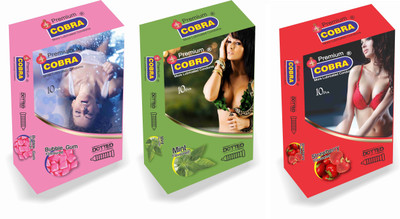 Cobra Bubble Gum, Mint & Strawberry Condom(Set of 3, 30S)