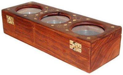 AbheyArts hand crafted 3 bowls box - 300 ml Wood Spice Container(Brown)