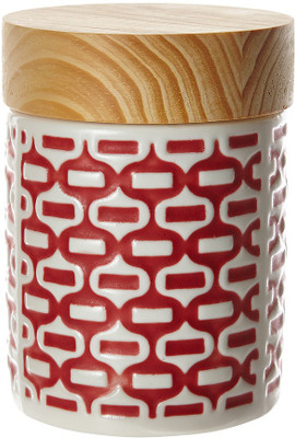 Howards Embossed Canister in Red - 400 ml Ceramic Grocery Container(White, Red), Red;white