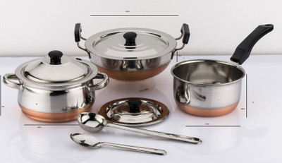Mahavir 8pc Copper Bottom Cookware Set Cookware Set(Stainless Steel, 8 - Piece)