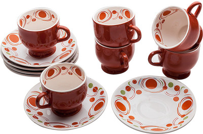 Elite Handicrafts Cups and Saucers Set Ceramic(Maroon, Pack of 12)