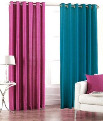 Skytex 210 cm (7 ft) Polyester Door Curtain (Pack Of 2)(Plain, Pink, Blue), Blue;pink