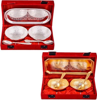 G S Museum 2 Flower Bowl with Spoon and Tray and Silver & Gold Plated 2 Mini Square Bowl with Spoon and Tray Bowl Spoon Tray Serving Set
