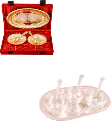 G S Museum Silver & Gold Plated 2 Heavy Dil Bowl with Spoon and Tray and 3.5" Met Finish 3 Bowl Set with Oval Tray Bowl Spoon Tray Serving Set
G S Museum Silver & Gold Plated 2 Heavy Dil Bowl with Spoon and Tray and 3.5" Met Finish 3 Bowl Set with Oval Tray Bowl Spoon Tray Serving Set