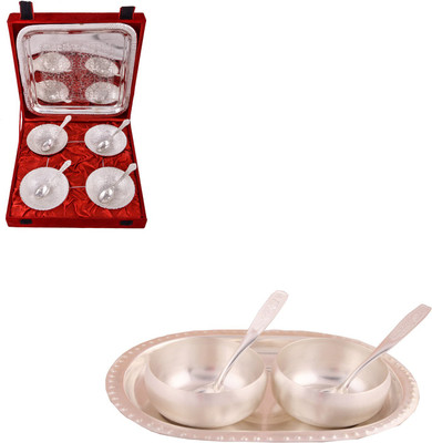 G S Museum 4 Mor Bowl with Spoon and Tray and 3" Met Finish 2 Bowl Set with Oval Tray Bowl Spoon Tray Serving Set(Pack of 14)