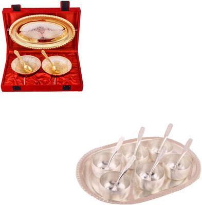 G S Museum Silver & Gold Plated 2 Heavy Flower Bowl with Spoon and Tray and 3" Met Finish 6 Bowl Set with Oval Tray Bowl Spoon Tray Serving Set
G S Museum Silver & Gold Plated 2 Heavy Flower Bowl with Spoon and Tray and 3" Met Finish 6 Bowl Set with Oval Tray Bowl Spoon Tray Serving Set