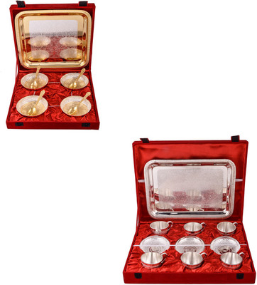 G S Museum Silver & Gold Plated 4 Heavy Flower Bowl with Spoon and Tray and 6 Cup Plate Set with Tray Bowl Spoon Tray Serving Set(Pack of 22)
G S Museum Silver & Gold Plated 4 Heavy Flower Bowl with Spoon and Tray and 6 Cup Plate Set with Tray Bowl Spoon Tray Serving Set(Pack of 22)