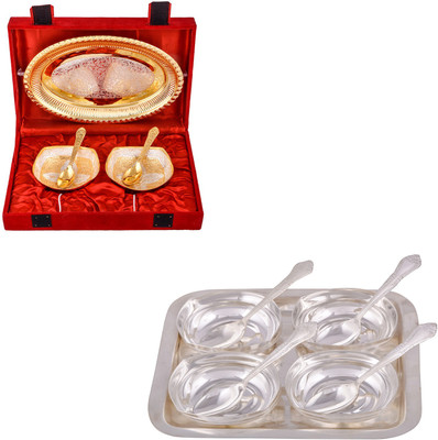 G S Museum Silver & Gold Plated 2 Heavy Square Bowl with Spoon and Tray and 4 Square Bowl with Spoon and Tray Bowl Spoon Tray Serving Set