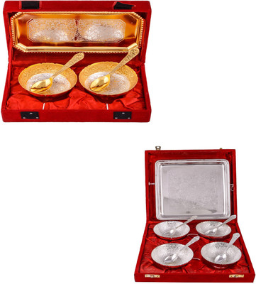 G S Museum Silver & Gold Plated 2 Mini Flower Bowl with Spoon and Tray and 4 Flower Bowl with Spoon and Tray Bowl Spoon Tray Serving Set
G S Museum Silver & Gold Plated 2 Mini Flower Bowl with Spoon and Tray and 4 Flower Bowl with Spoon and Tray Bowl Spoon Tray Serving Set