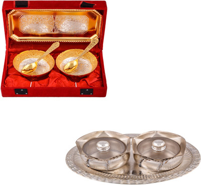 G S Museum Silver & Gold Plated 2 Mini Flower Bowl with Spoon and Tray and 2 Small Tai Loti Set Bowl Spoon Tray Serving Set
G S Museum Silver & Gold Plated 2 Mini Flower Bowl with Spoon and Tray and 2 Small Tai Loti Set Bowl Spoon Tray Serving Set