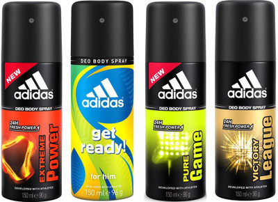 ADIDAS Extreme Power,Get Ready,Pure Game & Victory League Deodorant Spray - For Men(150 ml, Pack of 4)
ADIDAS Extreme Power,Get Ready,Pure Game & Victory League Deodorant Spray - For Men(150 ml, Pack of 4)