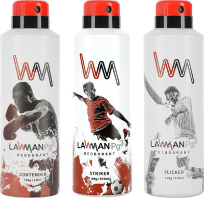 LAWMAN PG3 Contender , Striker, Flicker Deodorant Spray - For Men(210 ml, Pack of 3)
LAWMAN PG3 Contender , Striker, Flicker Deodorant Spray - For Men(210 ml, Pack of 3)