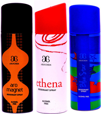 Arochem Combo Magnet Ethena Blue Star Deodorant Spray - For Men & Women(600 ml, Pack of 3)
Arochem Combo Magnet Ethena Blue Star Deodorant Spray - For Men & Women(600 ml, Pack of 3)