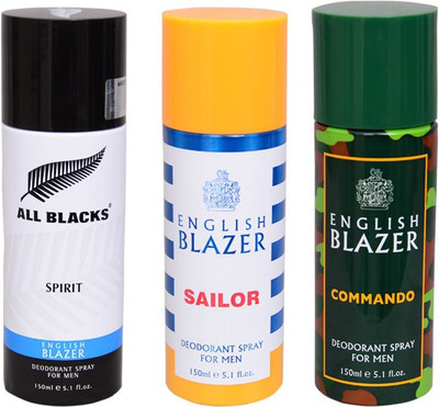 English Blazer 1 ALL BLACKS::1 SAILOR::1 COMMANDO Deodorant Spray - For Men(300 g, Pack of 3)
English Blazer 1 ALL BLACKS::1 SAILOR::1 COMMANDO Deodorant Spray - For Men(300 g, Pack of 3)