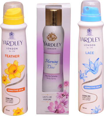 Yardley London FEATHER::MORNING DEW::LACE Perfume Body Spray - For Women(420 ml, Pack of 3)
Yardley London FEATHER::MORNING DEW::LACE Perfume Body Spray - For Women(420 ml, Pack of 3)