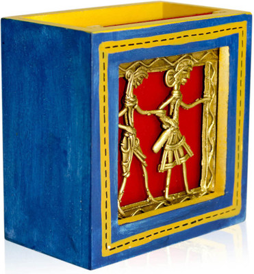 VarEesha 1 Compartments Wooden Pen Stand(Blue)