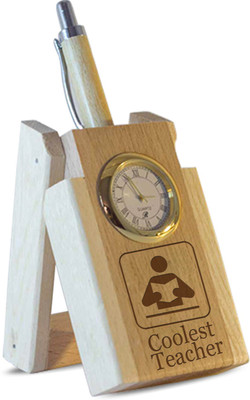 Tied Ribbons 2 Compartments Wood Coolest Teacher Pen Stand(Brown)