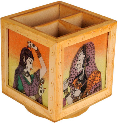 Ratash.com 3 Compartments Wood Pen Stand Holder(Multicolor)